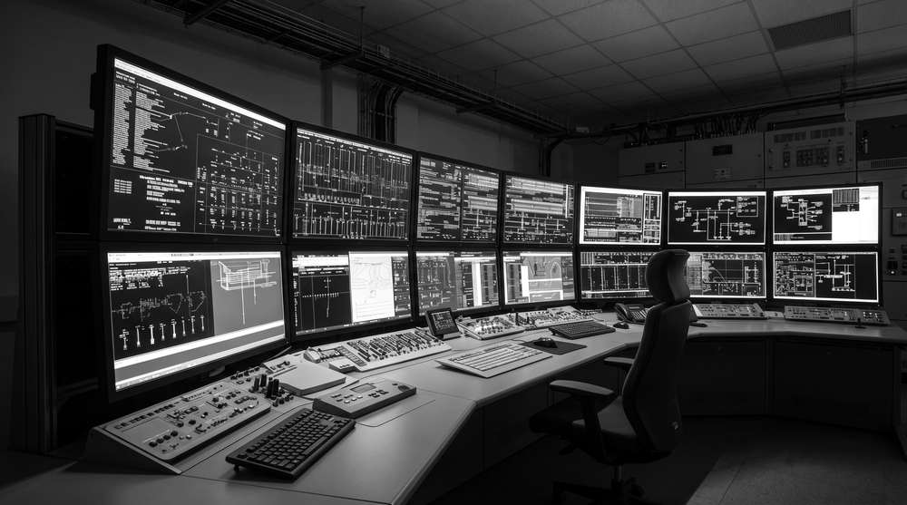 Çok sayıda proses ekranı bulunan bir SCADA / kontrol odası
